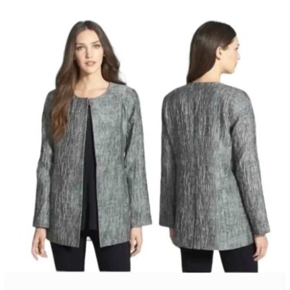 Eileen Fisher Womens Jacket XL Gray Textured Jacquard Open Front Longline Blazer